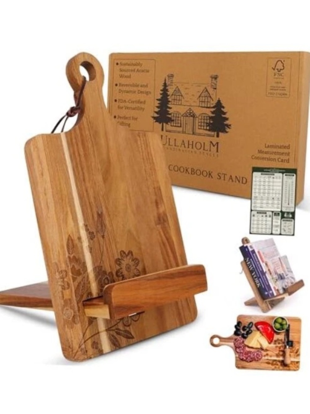 UllaholM Acacia Cookbook Stand, Versatile Recipe Book Holder Stand,Cutting Bord